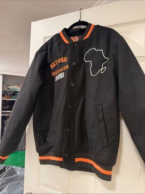 Kids Black and Orange Varsity Jacket with Africa Patch